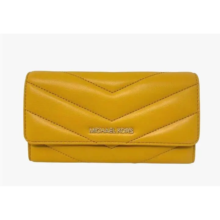 Michael Kors Jet Set Travel Large Trifold Wallet Leather Quilted Golden Rod