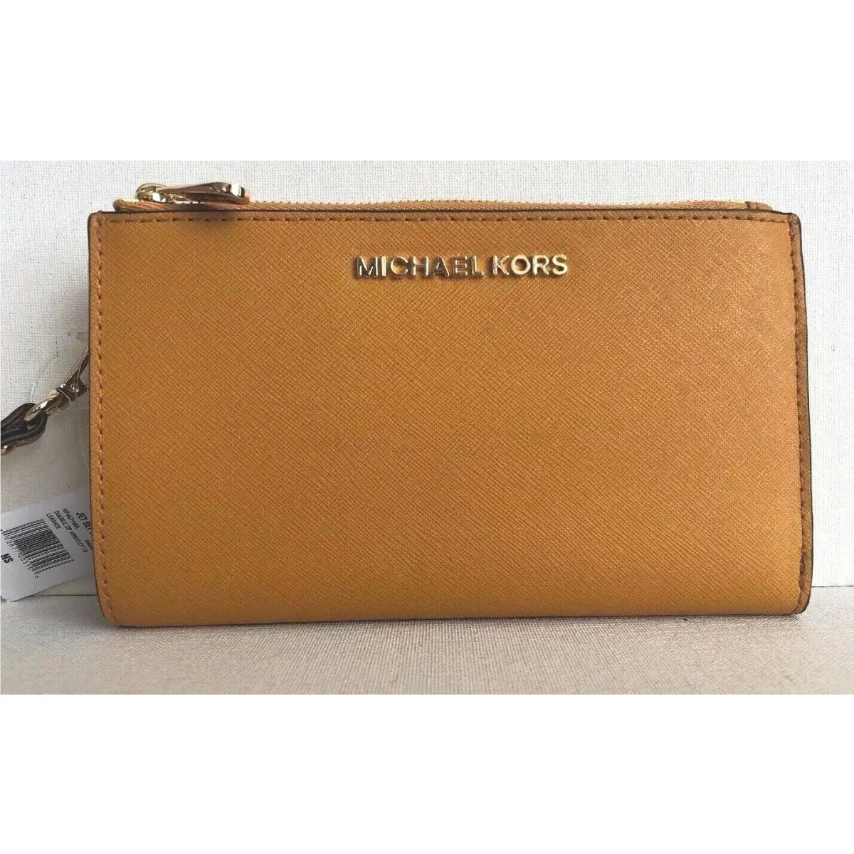 Michael Kors Jet Set Travel Double Zip Wristlet Leather Wallet Marigold