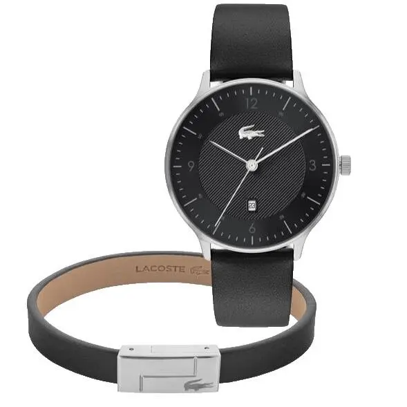 Lacoste Club 2070019 Black Dial Leather Strap Bracelet 42MM Mens Watch Set