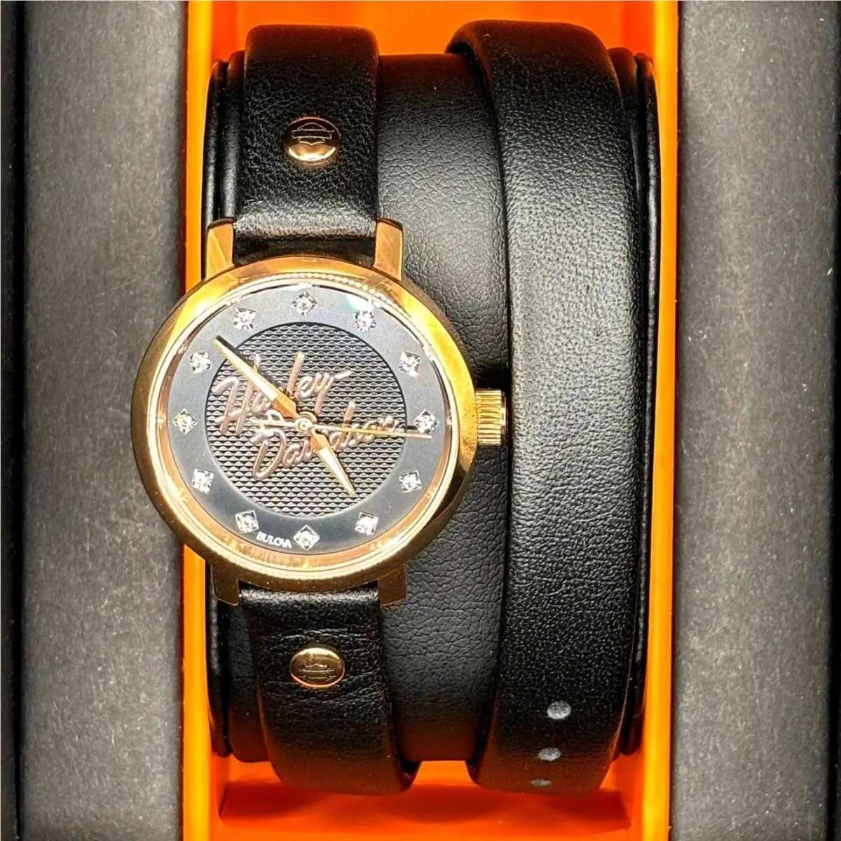 Bulova Harley-davidson 77L109 Crystal Rose Gold Leather Wrap Women`s Watch
