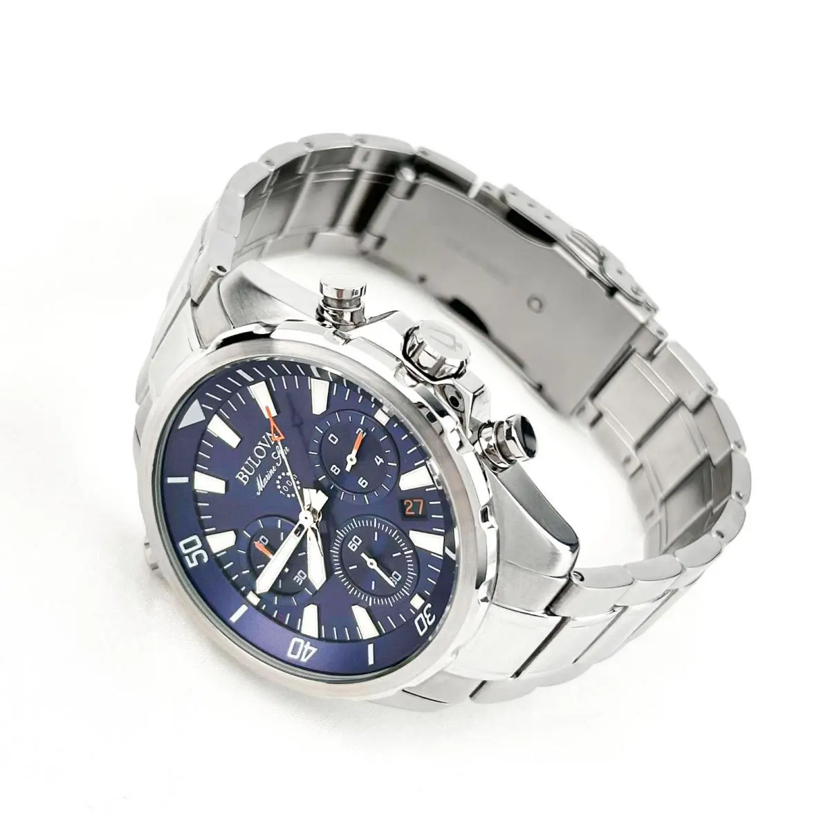 W/box/bulova Marine Star 96B256 Blue Dial Chronograph Men`s Quartz Watch