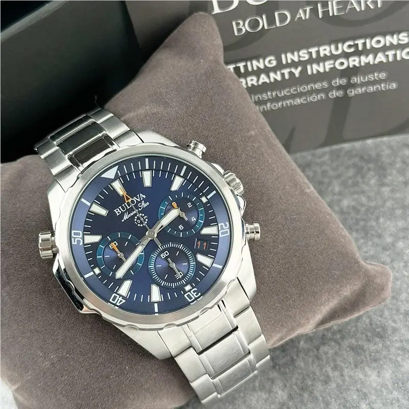 Bulova Marine Star 96B256 Blue Dial Men`s Quartz Watch Stainless Steel 43mm