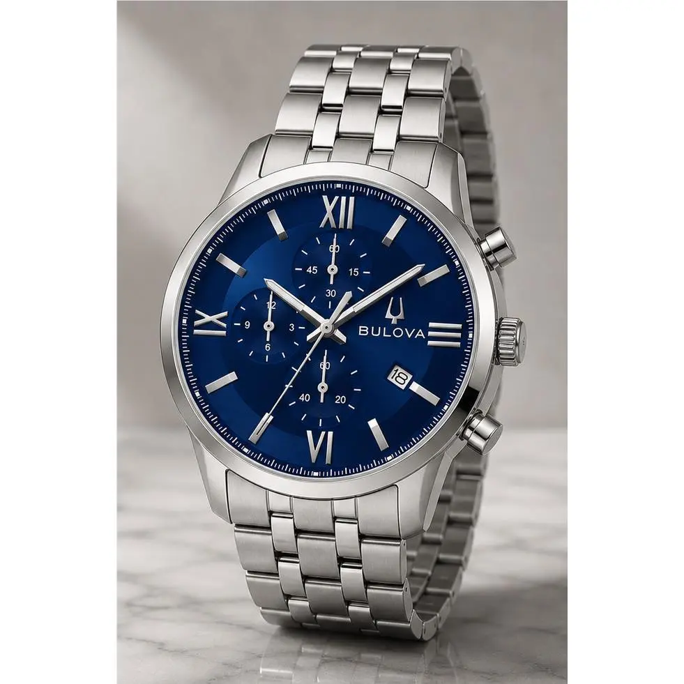 Bulova Sutton Blue Dial Stainless Steel Men`s Quartz Watch 96B476