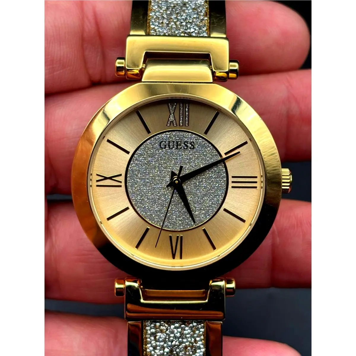 Guess Aurora Women`s Gold-tone Stainless Steel Zwarovski Crystals Bangle Watch