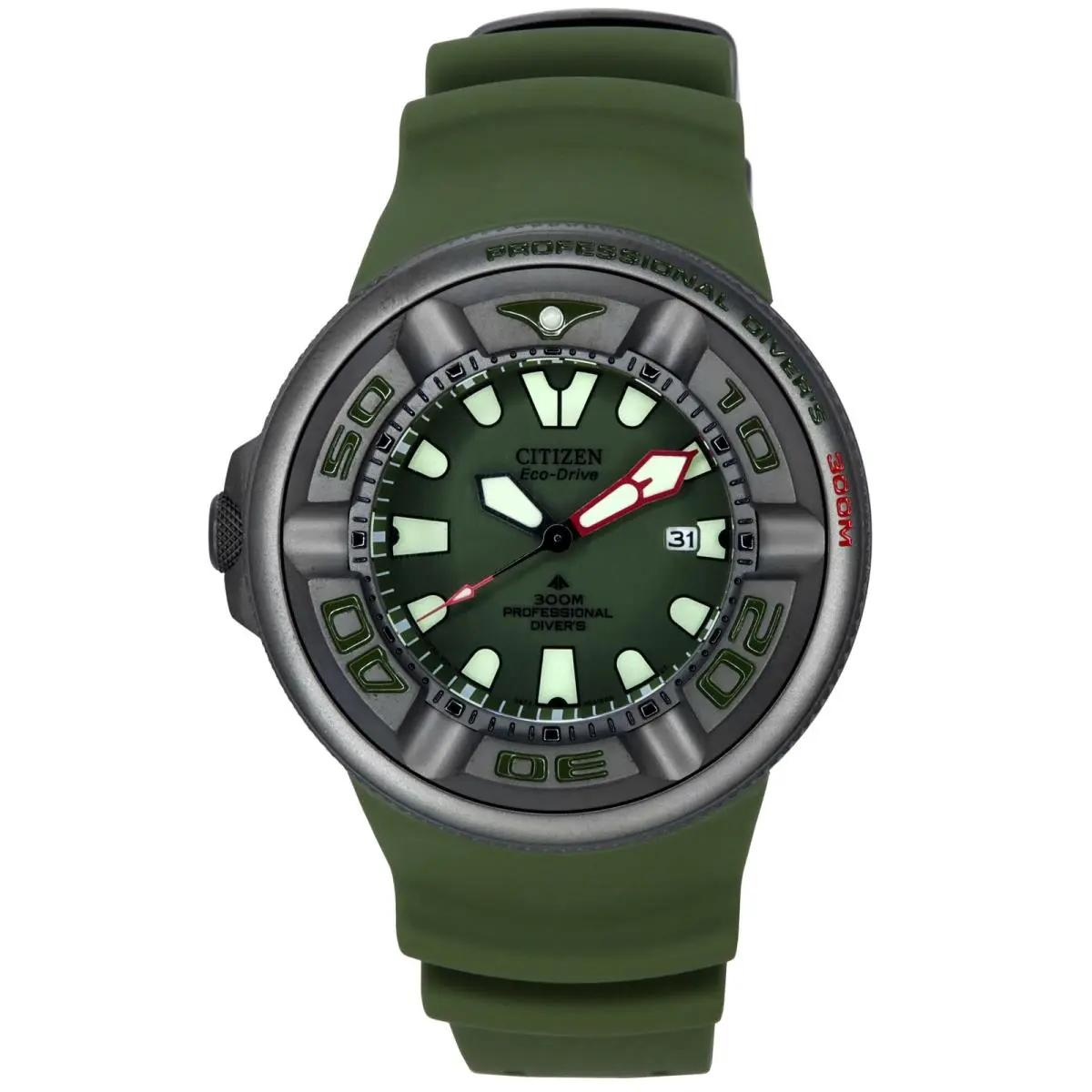 Citizen Promaster Green Dial Rubber Strap Solar Diver`s BJ8057-17X Men`s Watch - Dial: Green, Band: Green, Bezel: Grey