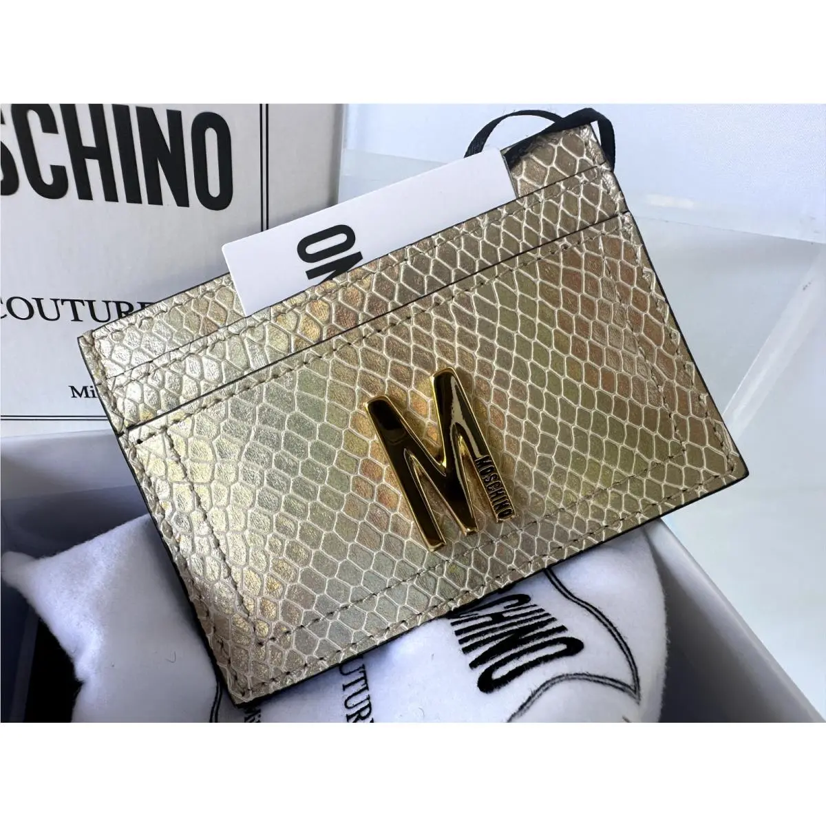 Moschino Women`s Logo Card Case Wallet Pouch Leather Pyton Embossed