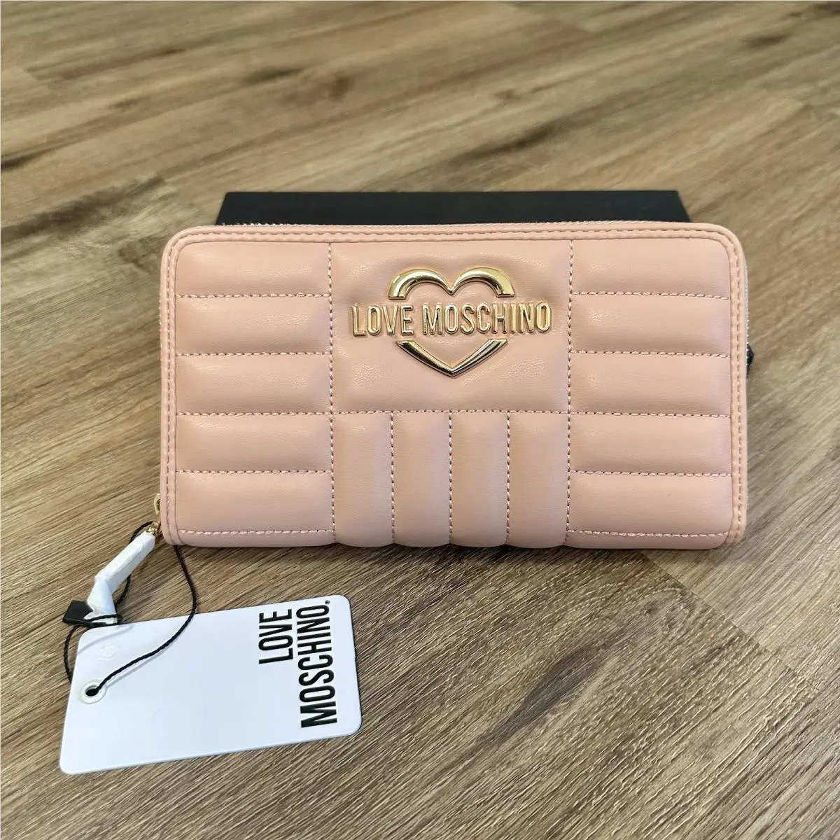 Love Moschino Quilted Zip Around Wallet Large Logo Rose Pink Gold