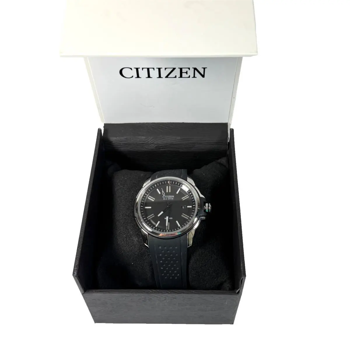 Citizen Eco-drive Watch Silver Men`s Solar Powered Black Silicone Band