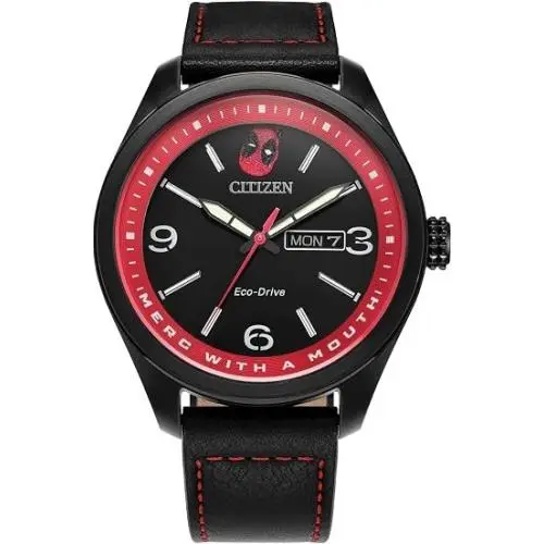 AW0145-02W Here Comes Deadpool Marvel Day/date Leather Strap Men`s Watch by Citizen