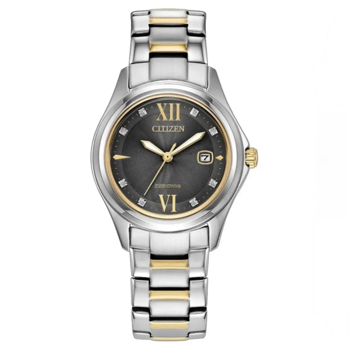Citizen Eco Drive Ladies Crystal Twotone Gray Dial Classic 30mm Watch FE1136-59H
