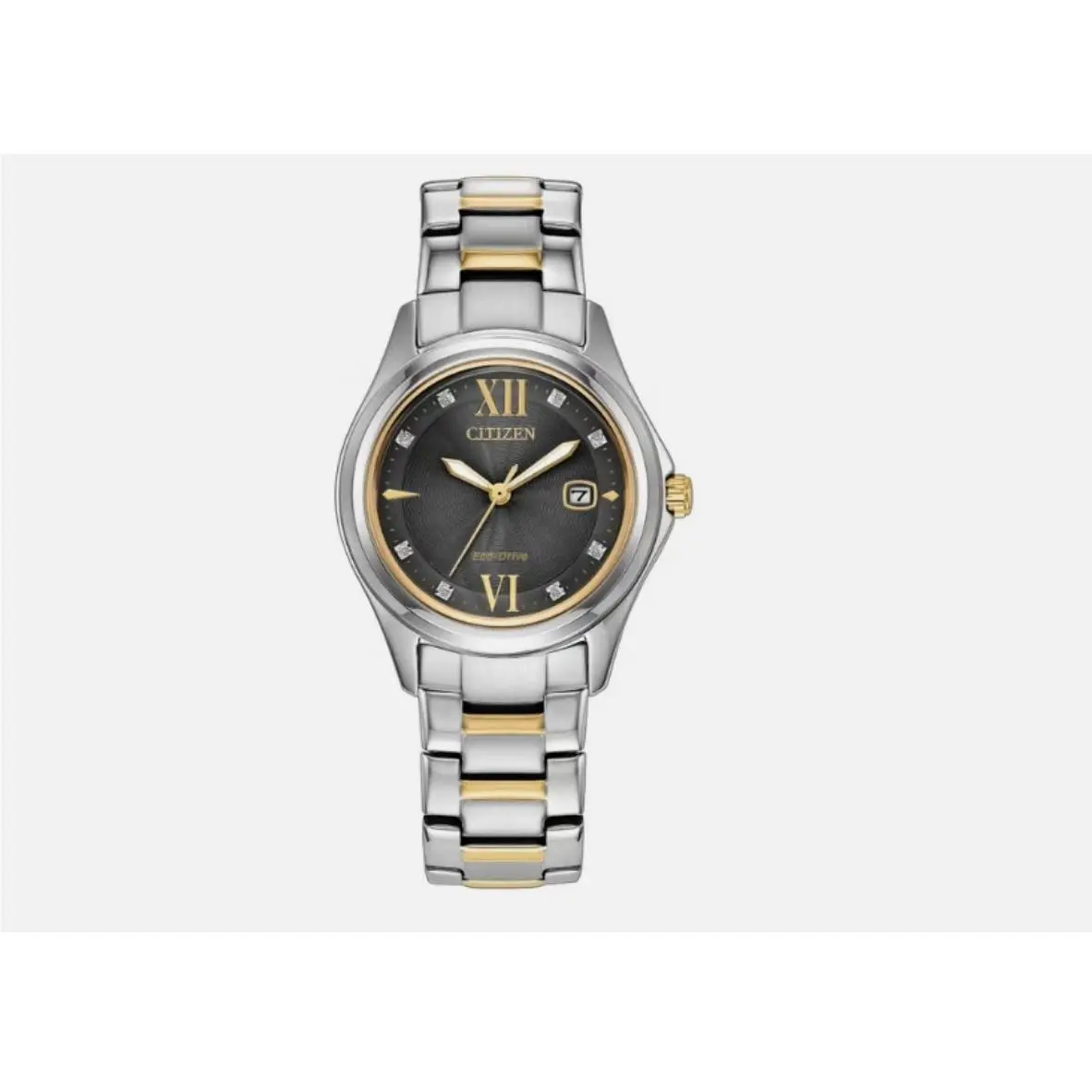 Citizen Eco Drive Gemmed Mop Dial Classic 30mm Women`s Quartz Watch FE1136-59H - Dial: Gray, Band: Silver, Gold, Bezel: Silver