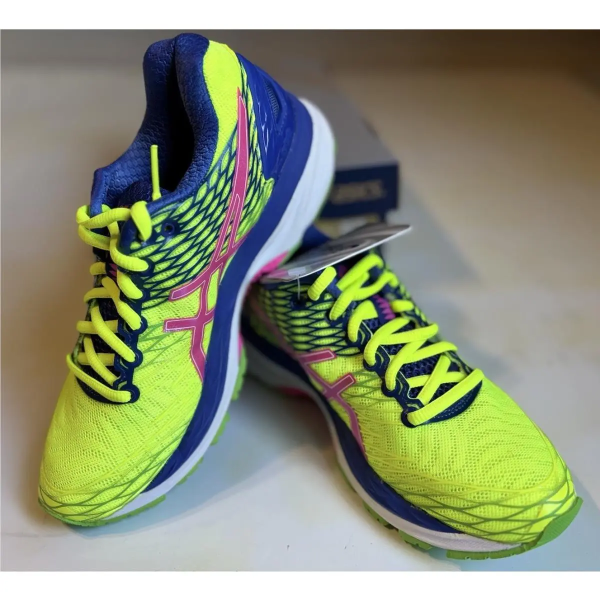Asics Gel-nimbus 18 Neon Yellow/blue Size 6.5 Lace Up Logo T650N