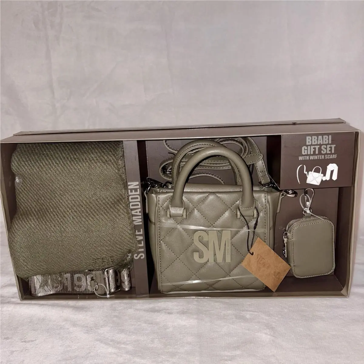 Steve Madden Bbabi Gift Set: Winter Scarf Crossbody Purse Bag Strap Olive