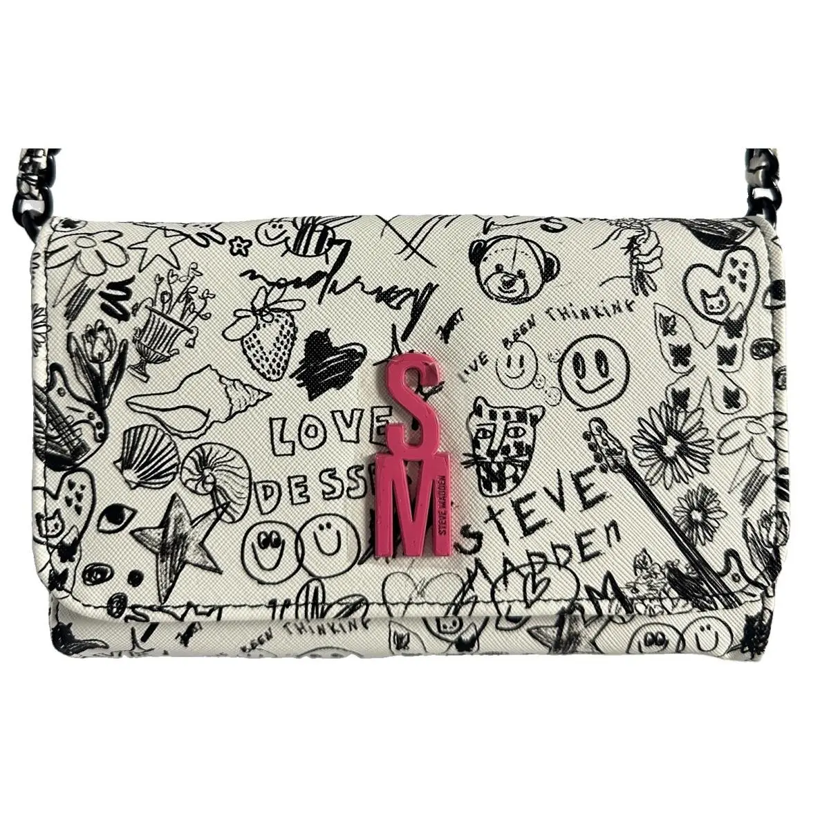 Steve Madden Blynn Doodle Print Crossbody Bag White Black Pink Charm