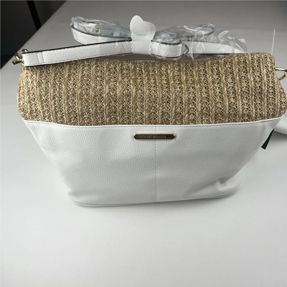 Steve Madden White Woven Tan Handbag with Adjustable Strap
