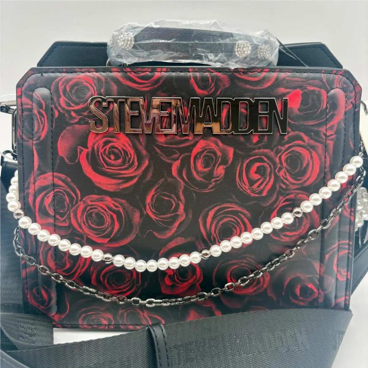 Steve Madden Bevelyn Womens Red Rose Print Crossbody Bag Pearl Chain Handle