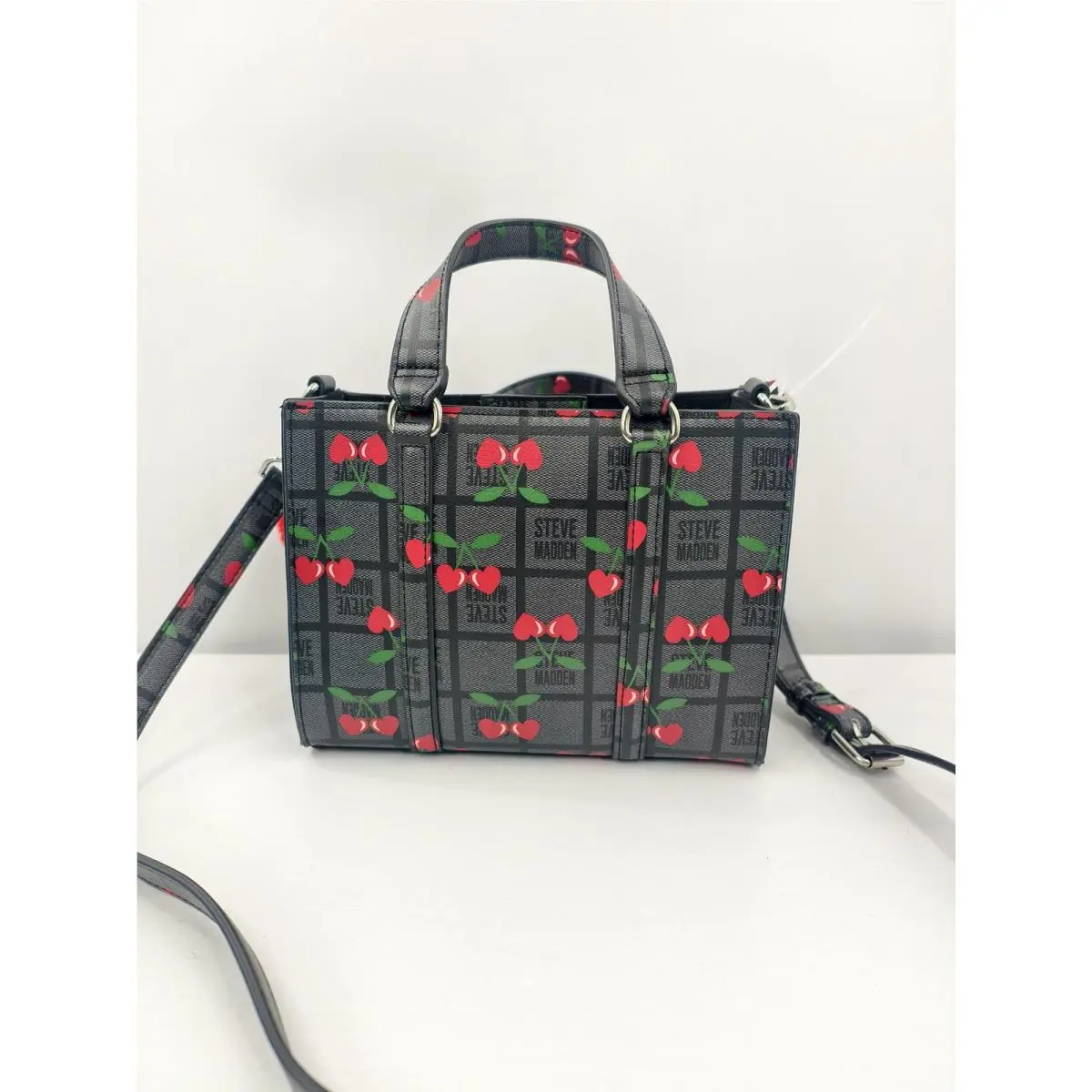 Satchel Bag Womens Mini Black Cherry Print Polyurethane Fur Purse by Steve Madden