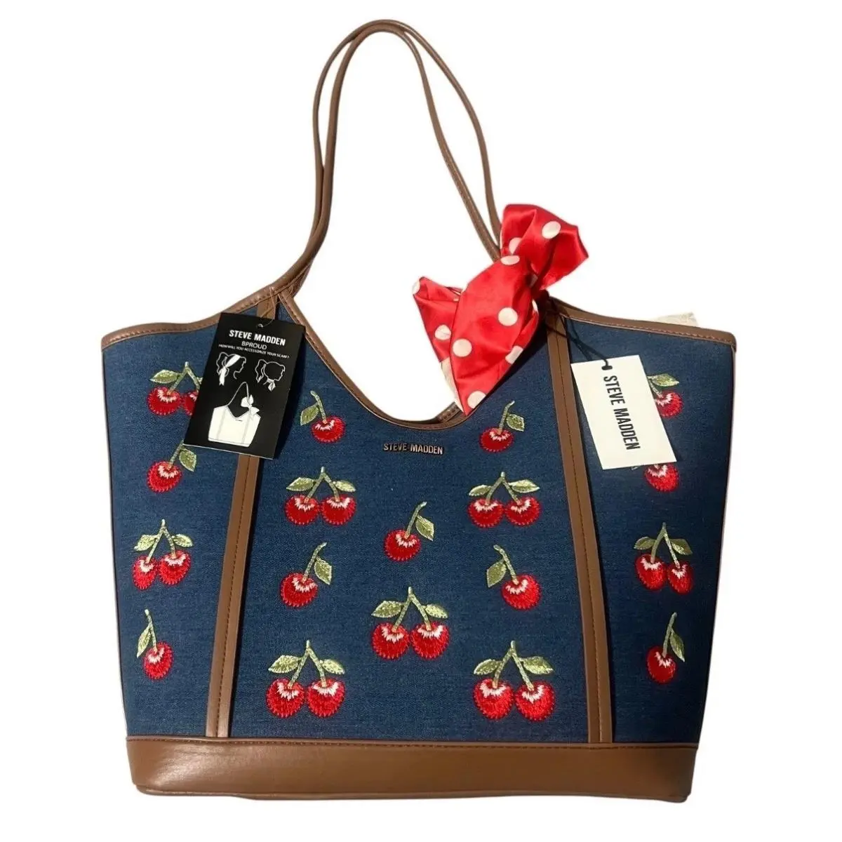 Steve Madden Bproud 2 Denim Blue Cherry Embroidered Women Tote Bag Scarf