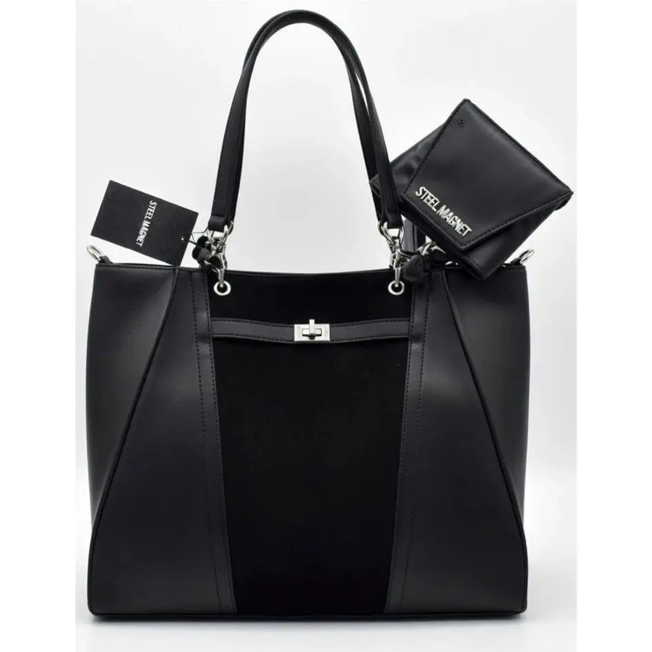 Steve Madden Black Tote Bag Shoulder Handbag w Pouch Turn Lock