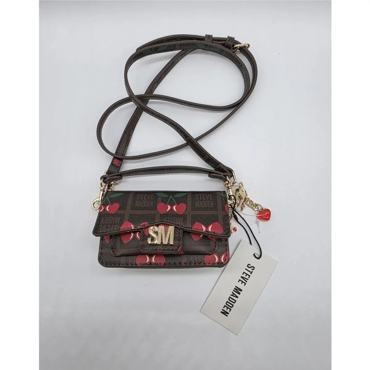 Steve Madden Brown Mini Crossbody Wallet Cherry Heart Logo Print Bag Charm