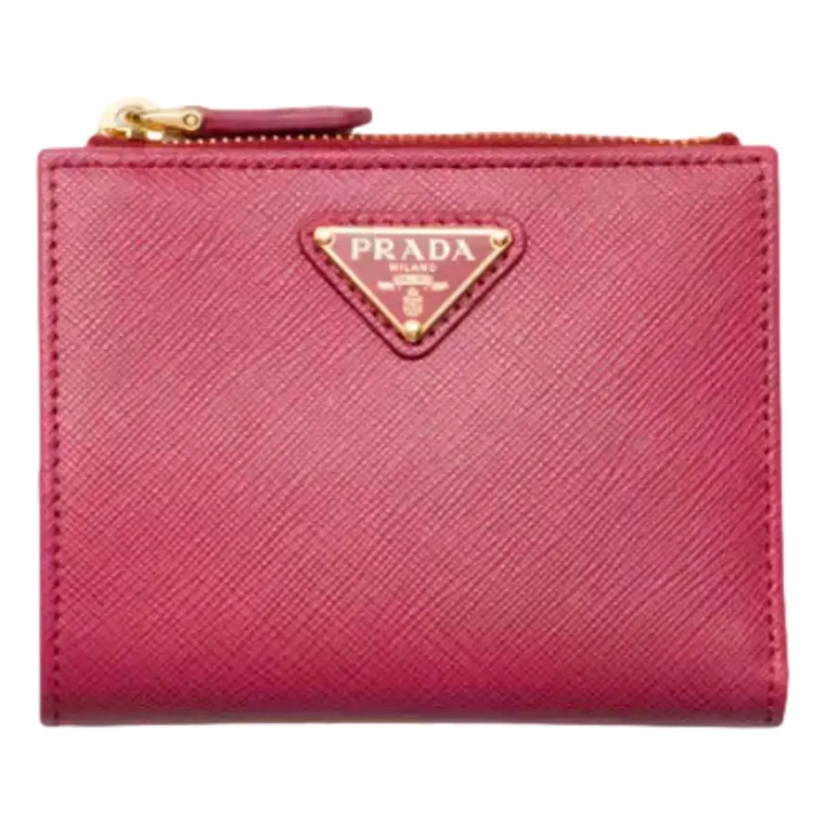 Prada Saffiano Dark Pink Gold Bifold Wallet Zip Coin Pocket