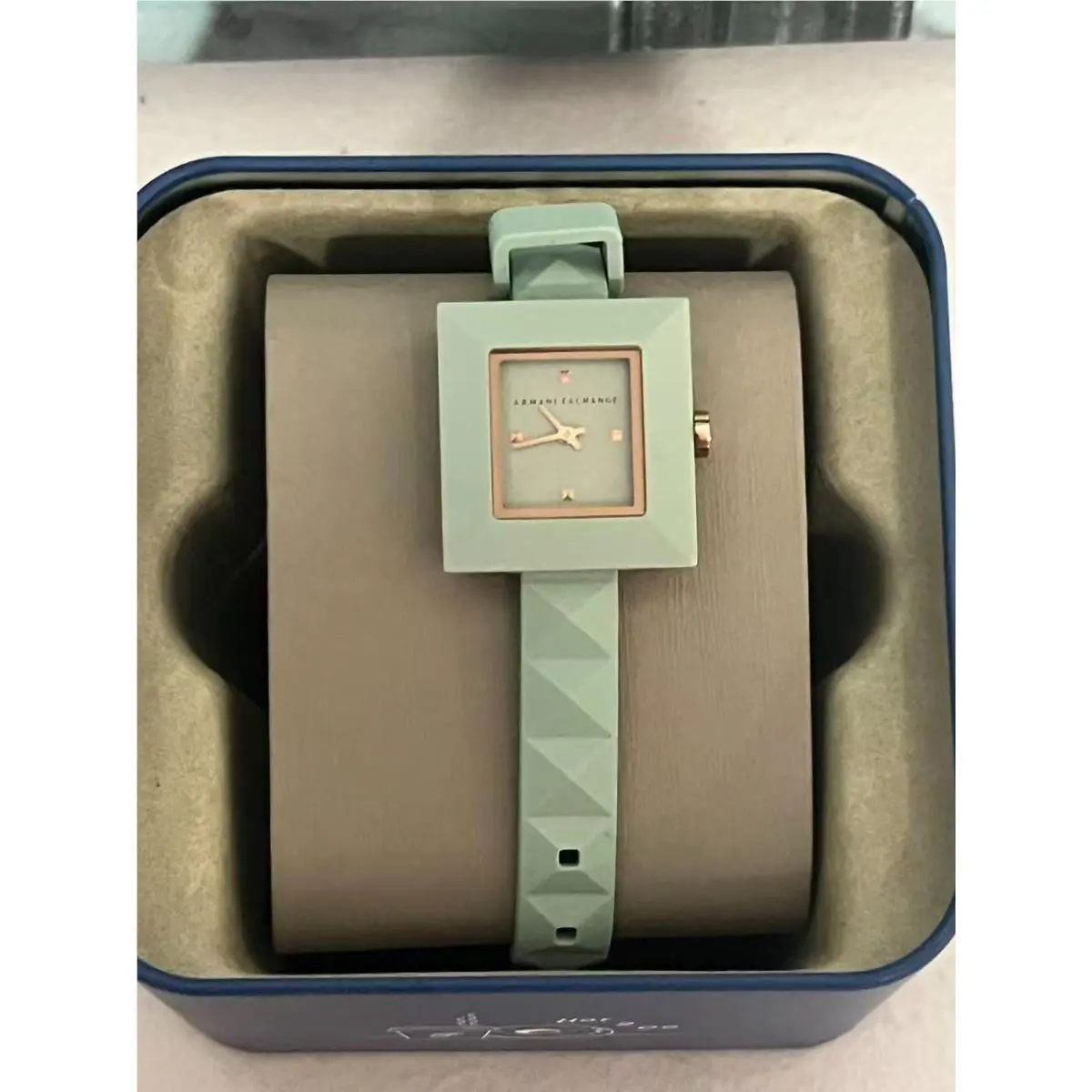Armani Exchange Women`s Watch AX4404 Square Gray Silicone Band Rose Gold Accents
