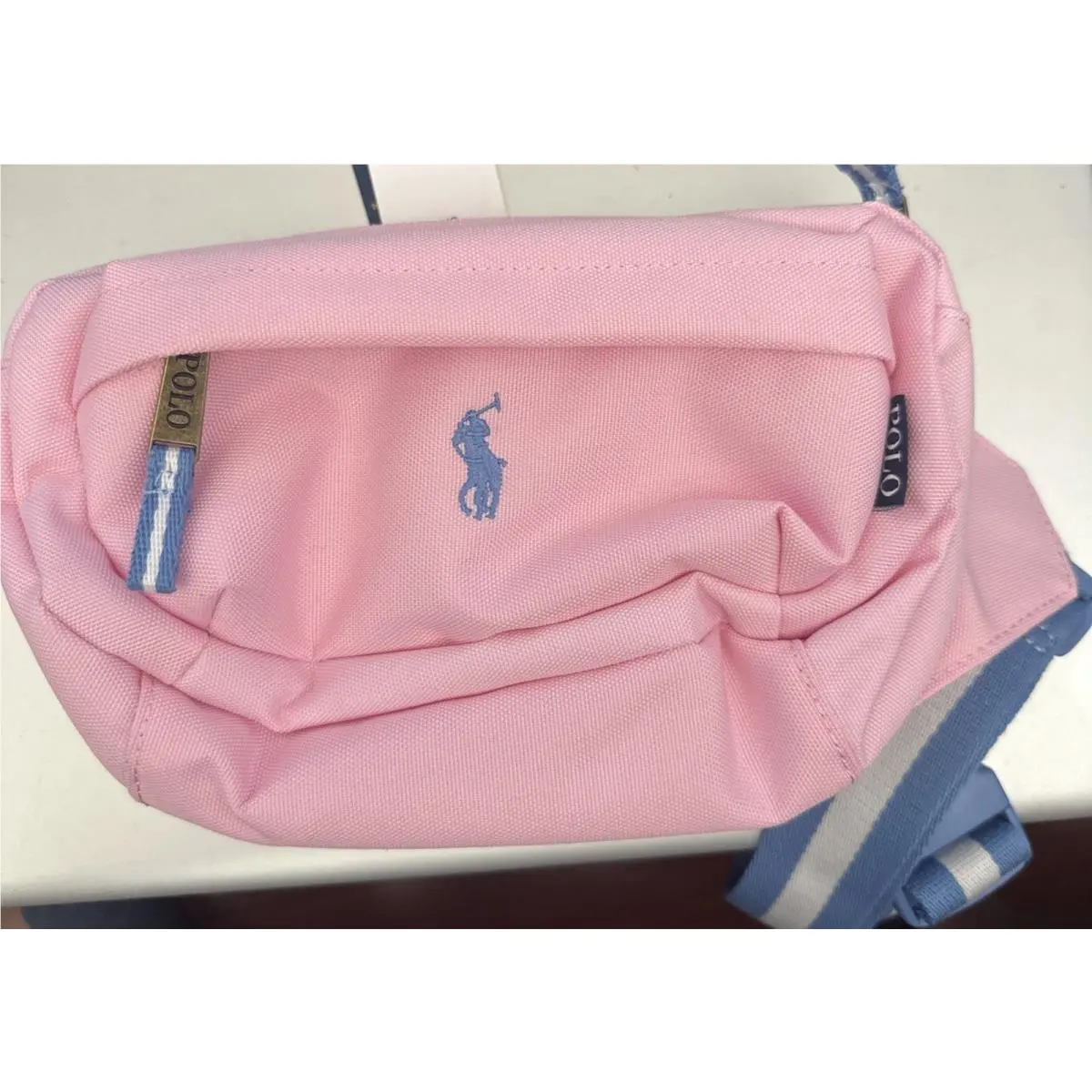 Polo Ralph Lauren Carmel Pink Belt Bag Logo Zip Blue Striped Strap New