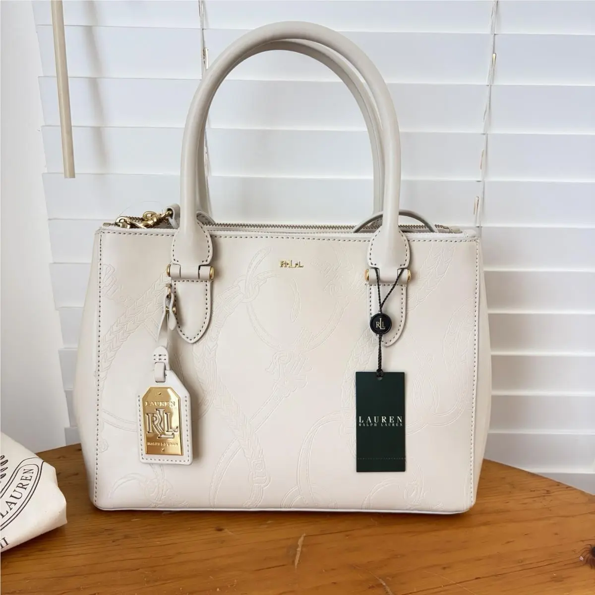 Lauren Ralph Lauren Taylor Belting Double Zip Ivory Embossed Leather Satchel