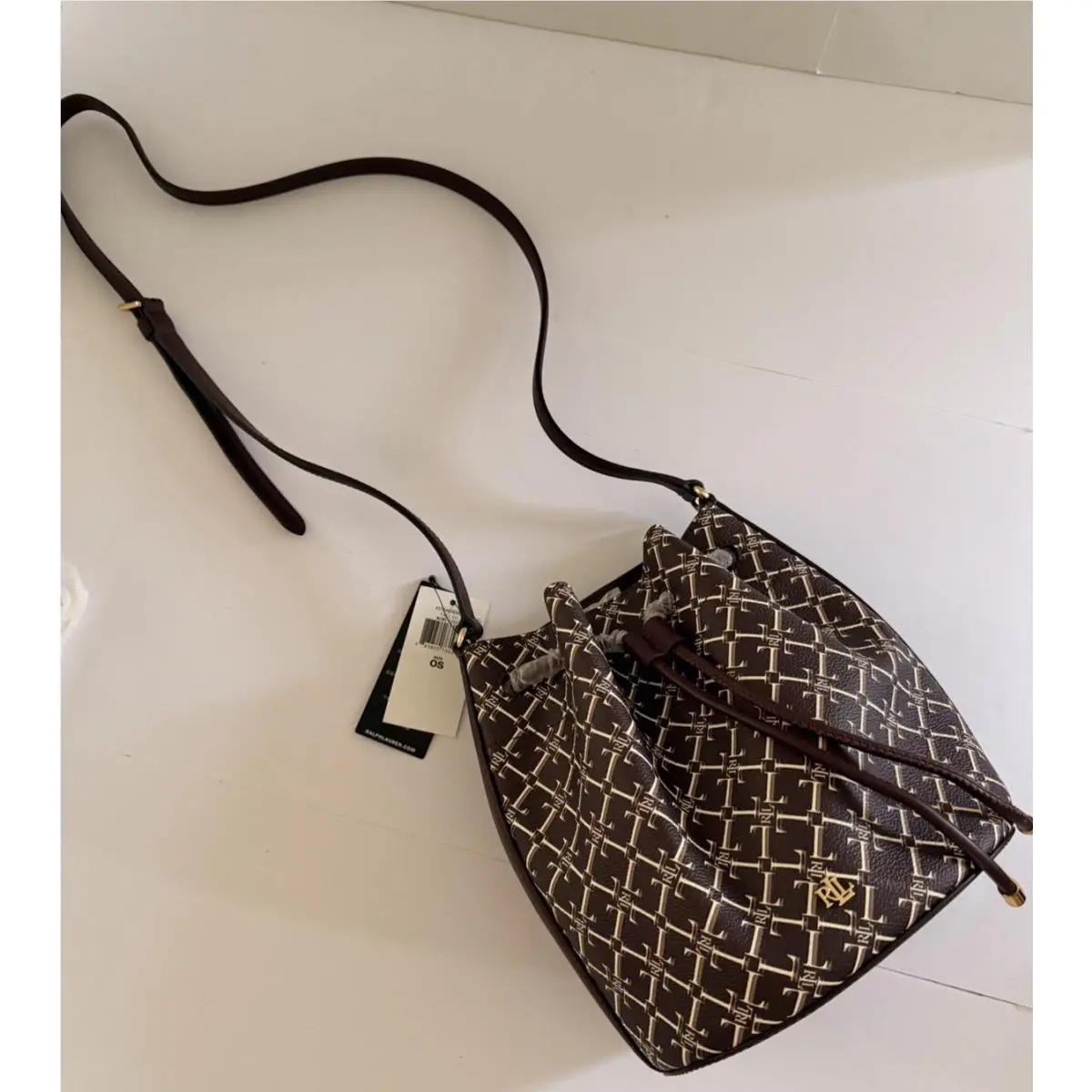 Lauren Ralph Lauren Monogram Drawstring Bucket Bag Brown