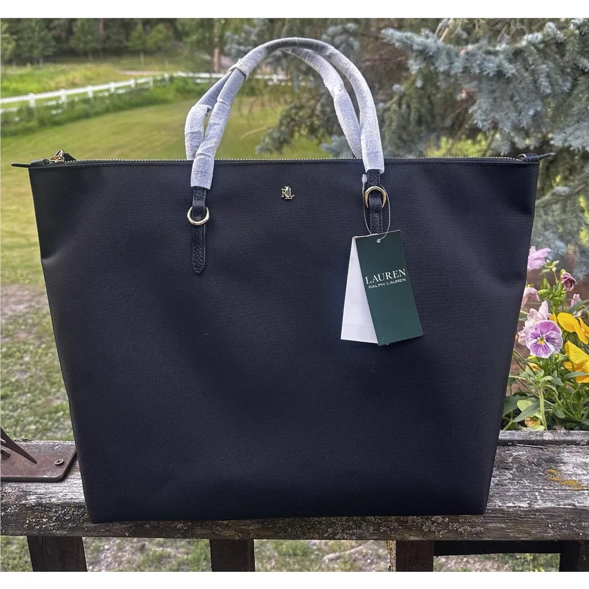 Ralph Lauren Nylon Keaton Black Tote Bag with Leather Handles Fall 2019