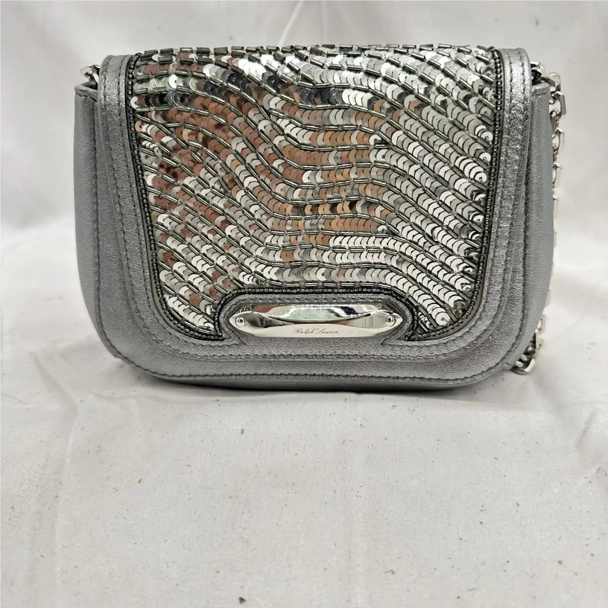 Ralph Lauren Womens Embellished Satin Evening Clutch Leather Silver
