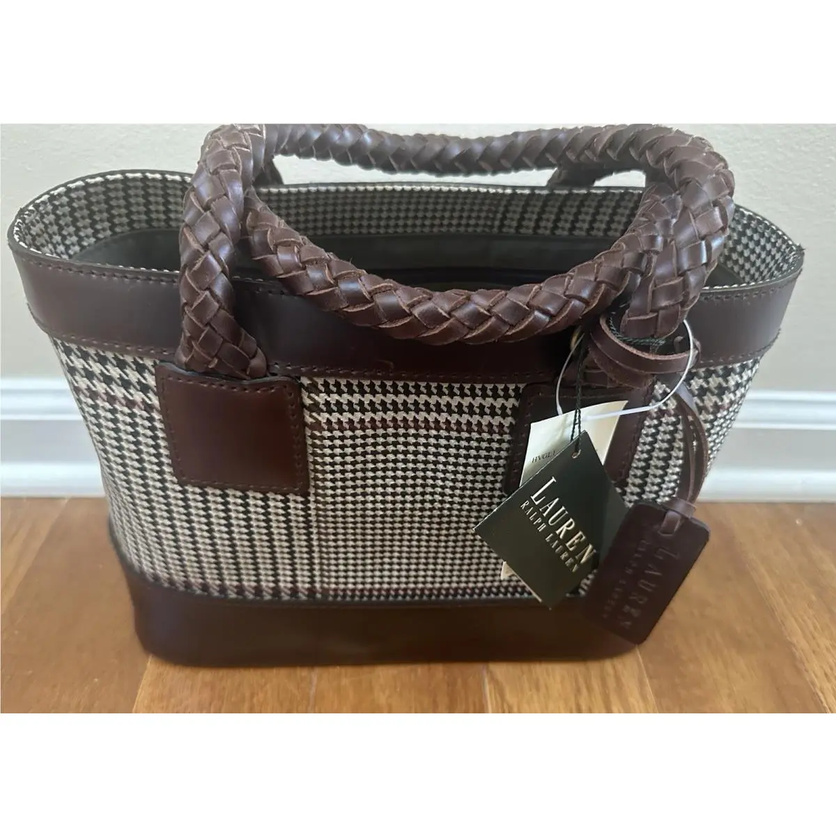 Lauren Ralph Lauren Houndstooth Plaid Satchel Brown Braided Leather Preppy