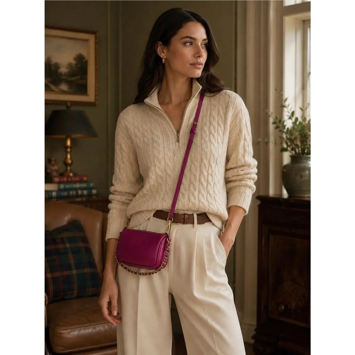Ralph Lauren Crossbody Bag with Top Chain Handle Fuchsia Pink Sheep Leather