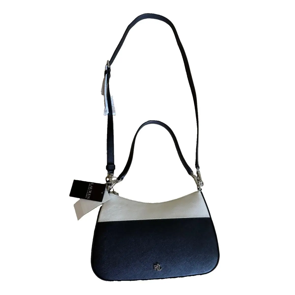 Ralph Lauren Two-tone Danni Crosshatch Leather Shoulder Bag Black / Cream