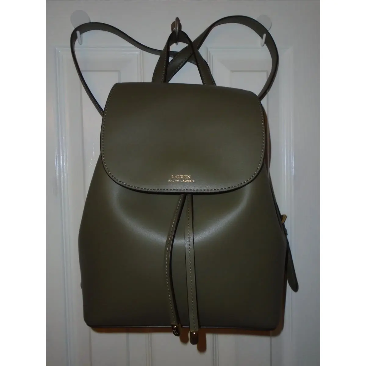 Lauren Ralph Lauren Sage Leather Drawstring Backpack White Interior
