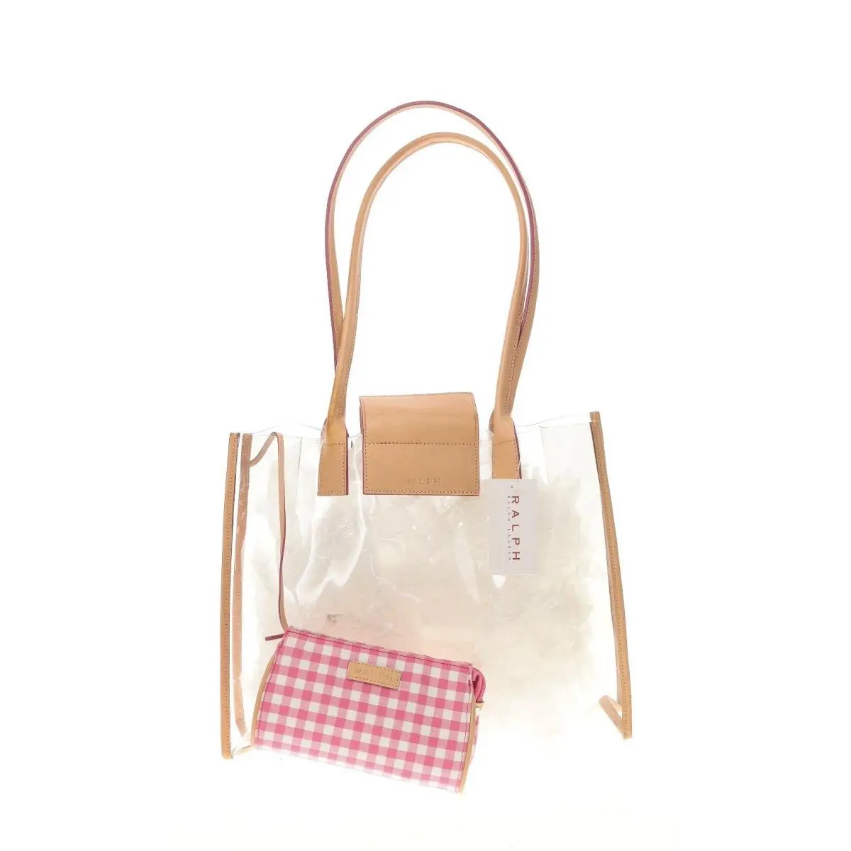 Ralph Lauren Clear Pvc Tote Bag Pink Gingham Pouch Leather Trim Transparent