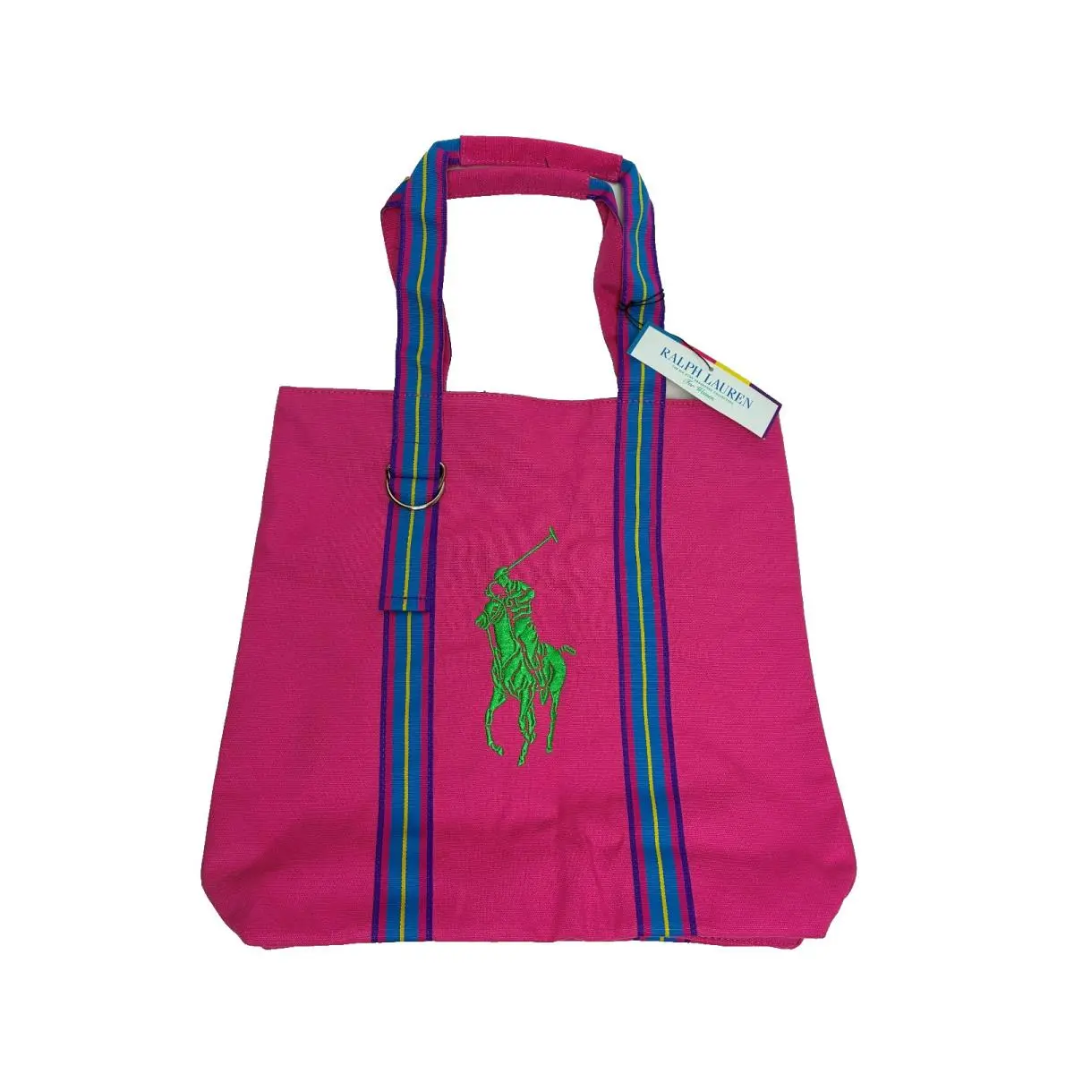 Ralph Lauren Women`s Canvas Tote Bag Pony Pink Multicolor Straps 15x15.5x4