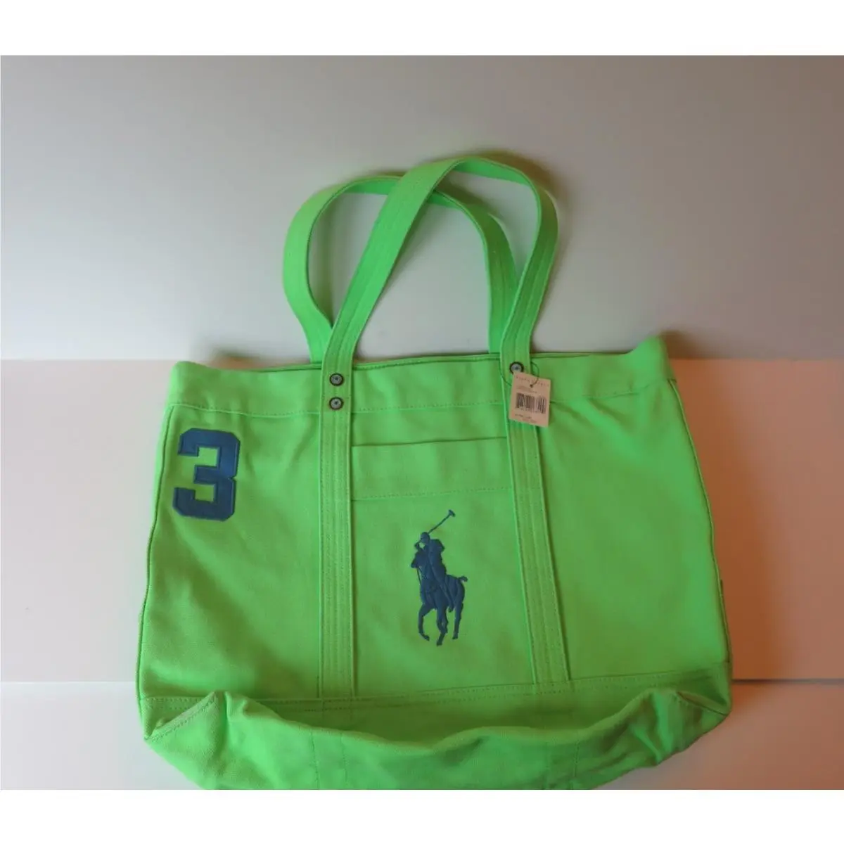 Polo Ralph Lauren Big Pony 3 Green Zip Tote Bag Zipper Handle Canvas Travel