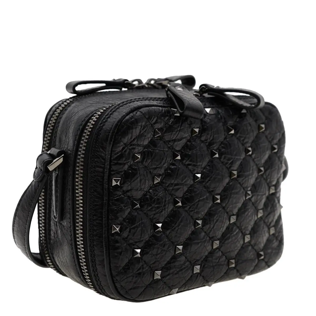 Valentino Rockstud Camera Bag Crossbody Quilted Crinkled Black Leather