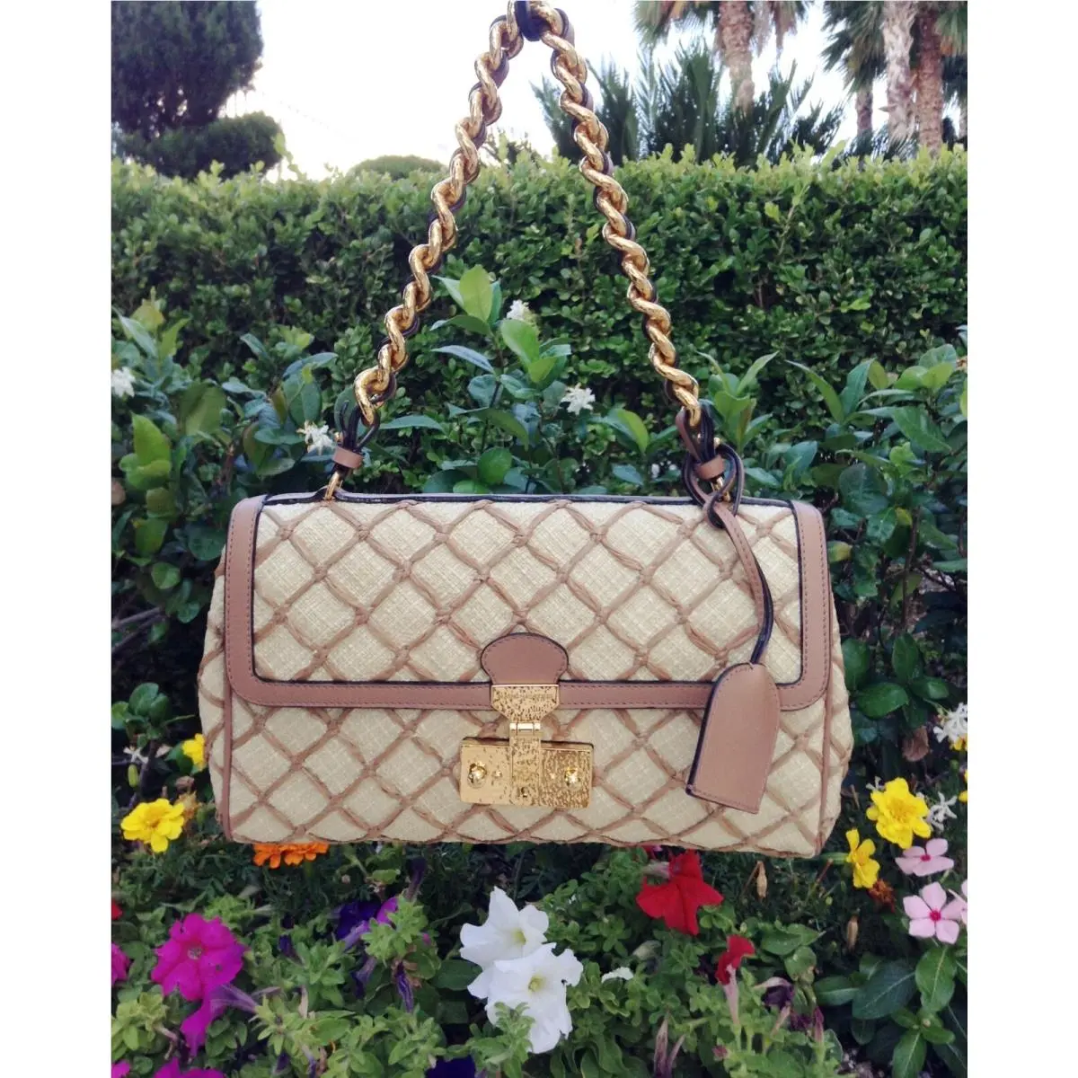 Marc Jacobs Handbag Resort Bag Raffia Leather Chain Shoulder Woven Italy Beige