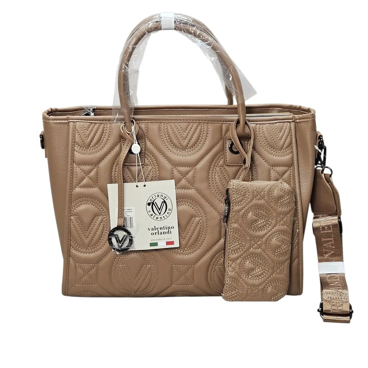Valentino Orlandi Large Taupe Quilted V Logo Tote Bag with Pouch and Strap