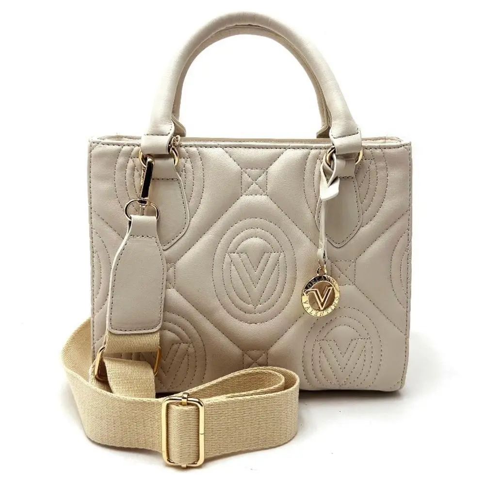 Valentino Orlandi Quilted Leather Logo Satchel Crossbody Bag V-2012 - Hardware: Gold, Exterior: Cream, Handle/Strap: Ivory