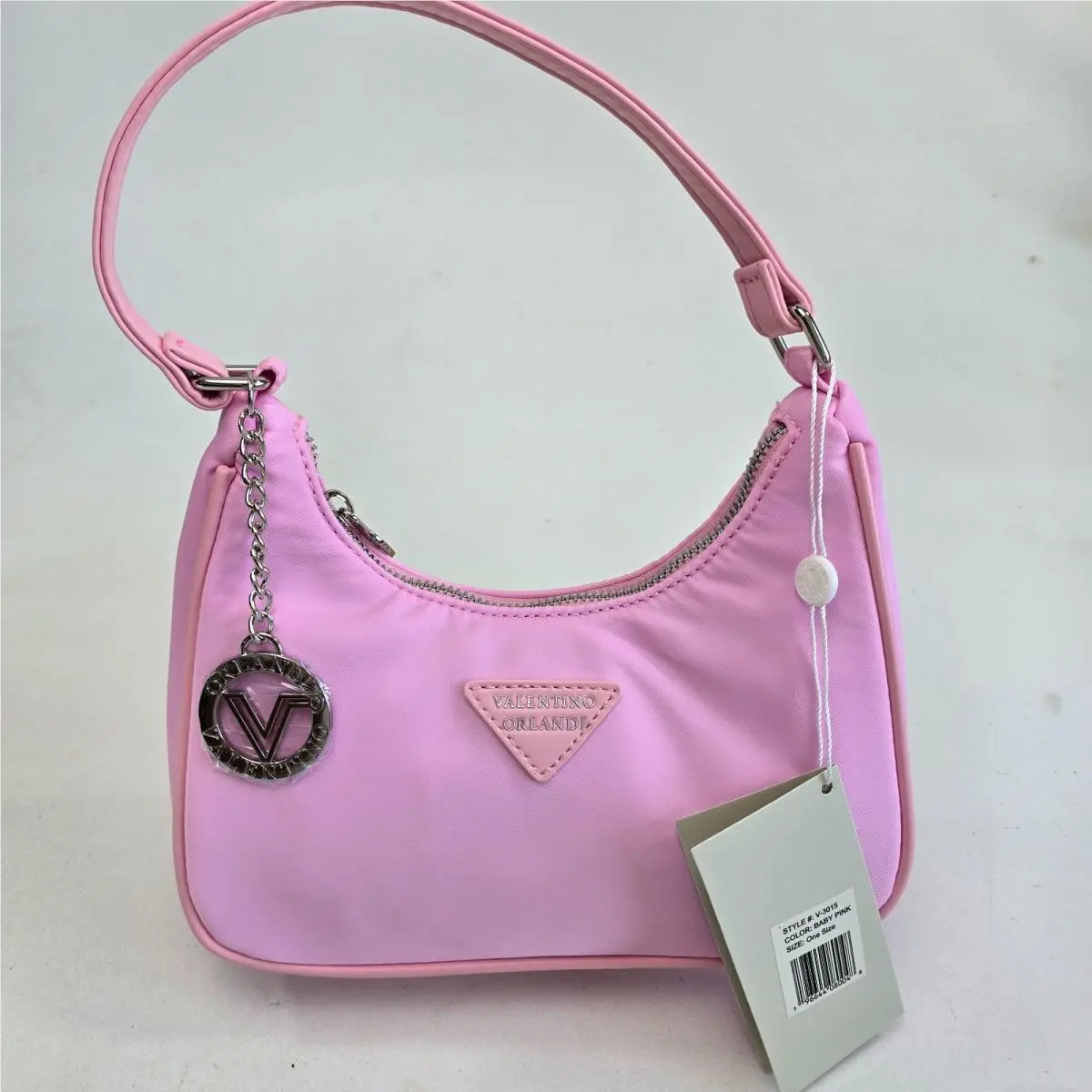 Orlandi Baby Pink Nylon Shoulder Bag Purse V-3015 Zip Top Charm by Valentino