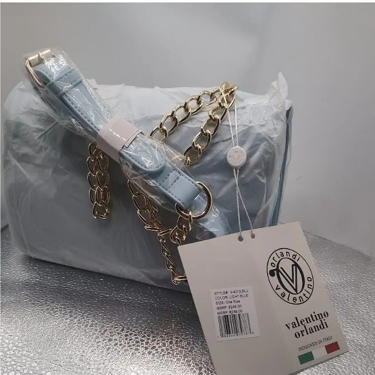 Valentino Orlandi Light Blue Quilted Leather Shoulder Bag Gold Chain V-4013LBLU