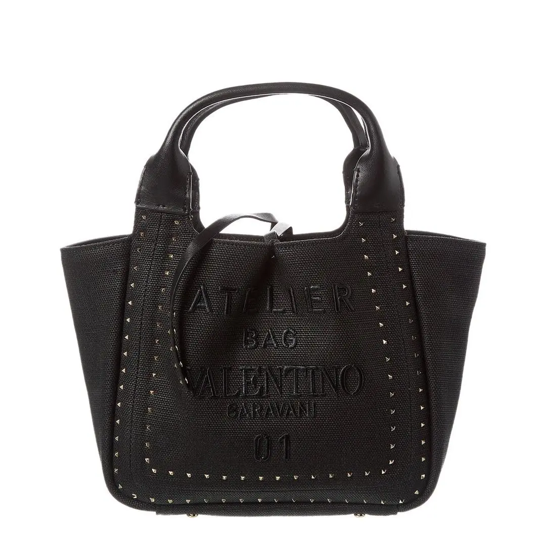 Valentino Atelier Canvas Leather Tote Pre-loved Women`s - Handle/Strap: Black, Hardware: Black, Lining: Black