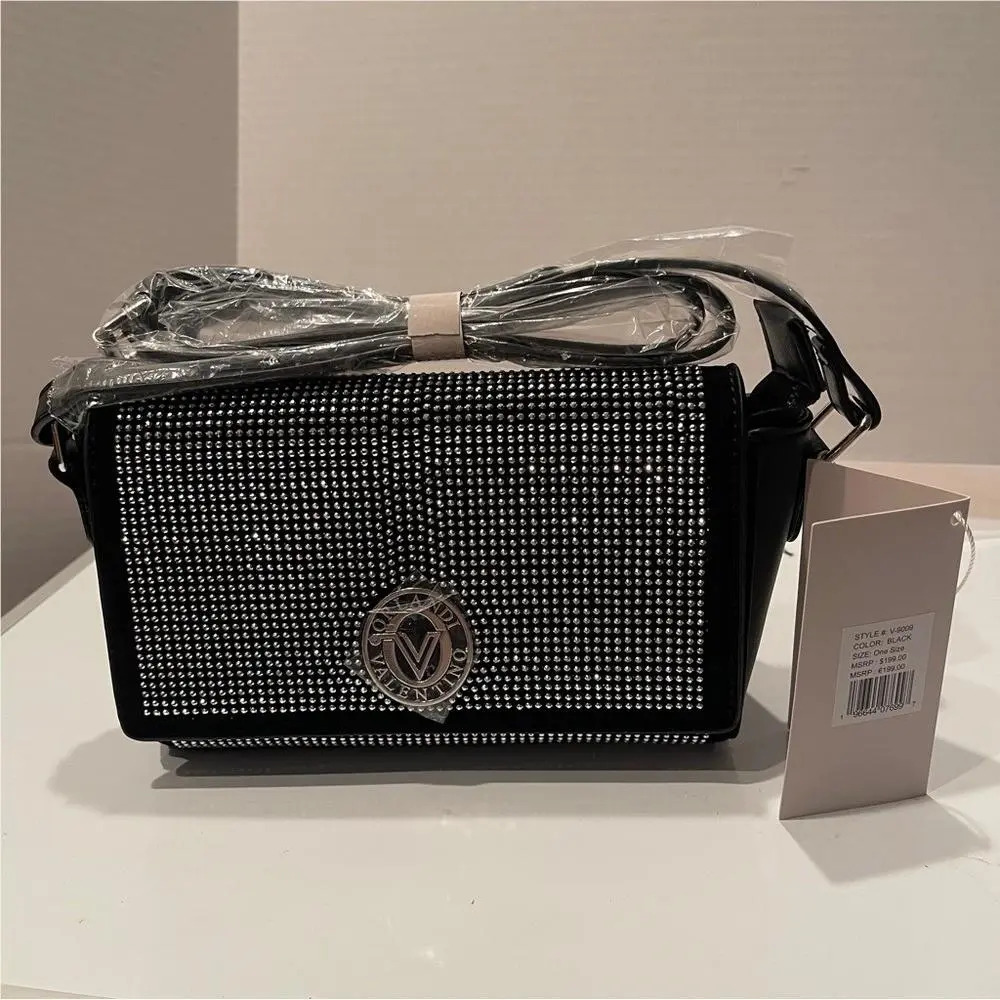 Valentino Orlandi Black with Silver Rhinestone Studded Crossbody Elegant Bag