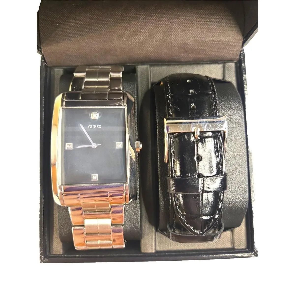 Guess U11036G1 Men`s 2-Piece Watch Set – Stainless Steel Rectangular Black Dial