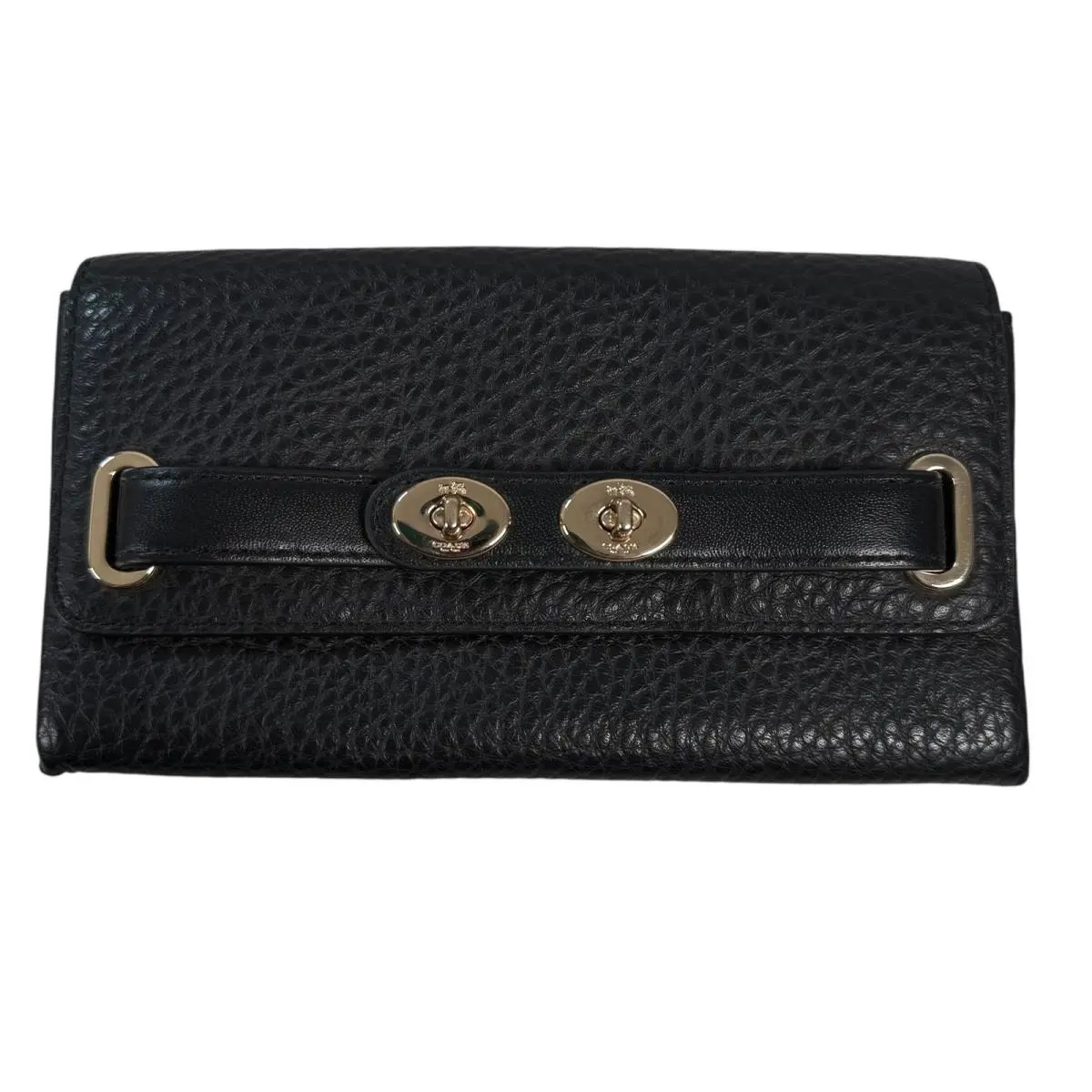Coach Black Pebble Bubble Leather Double Turnlock Wallet Clutch Black Gold 53425