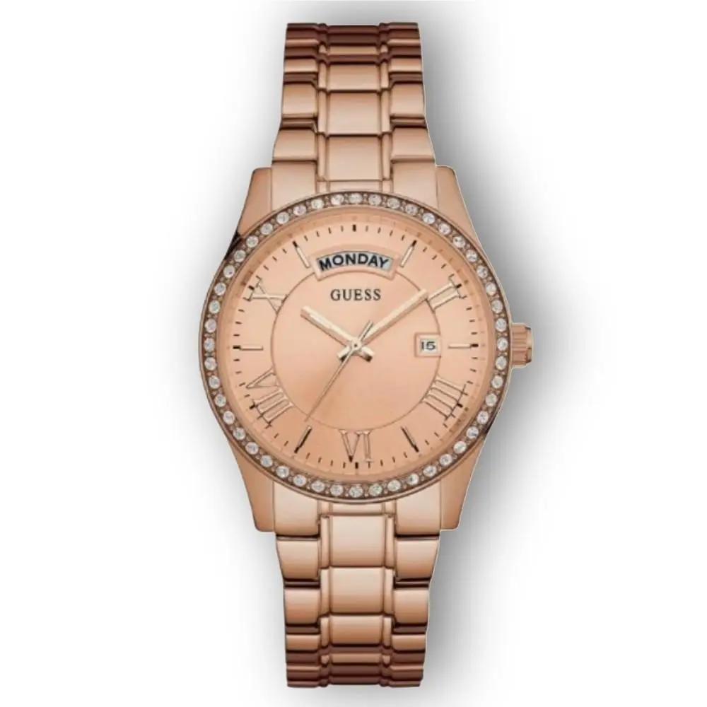 Rose Gold Tone Pink Gem-set Bezel 37mm Women`s Roman Numbers Watch U0764L3 by Guess