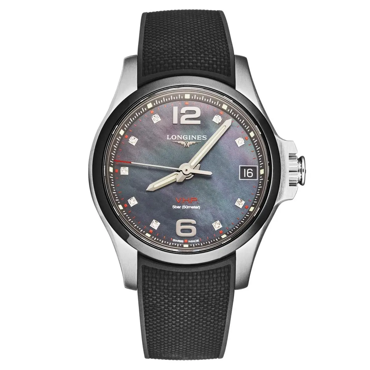 Longines Conquest V.h.p. Diamond Black Mop Dial Rubber Quartz L3.319.4.88.9